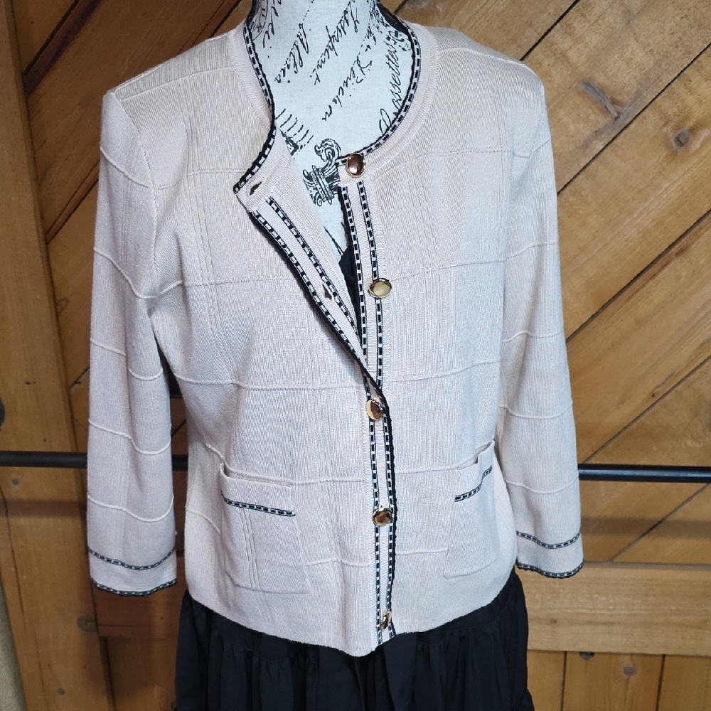 Adrianna Papell Women Small Cream Knit Cardigan Jacket Gold‎ Buttons Trim Pocket